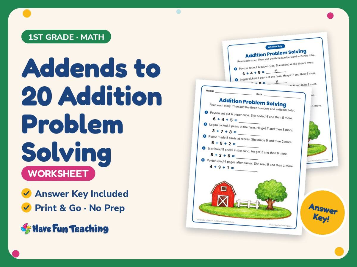 Addends to 20 Addition Problem Solving Worksheet – 1st Grade Practice preview