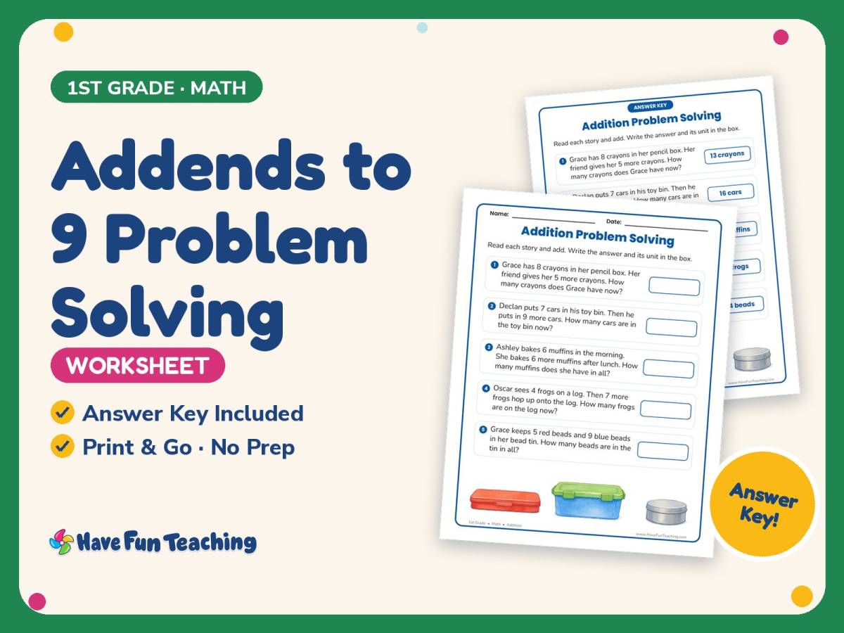 Addends to 9 Problem Solving Worksheet – 1st Grade Addition Practice preview