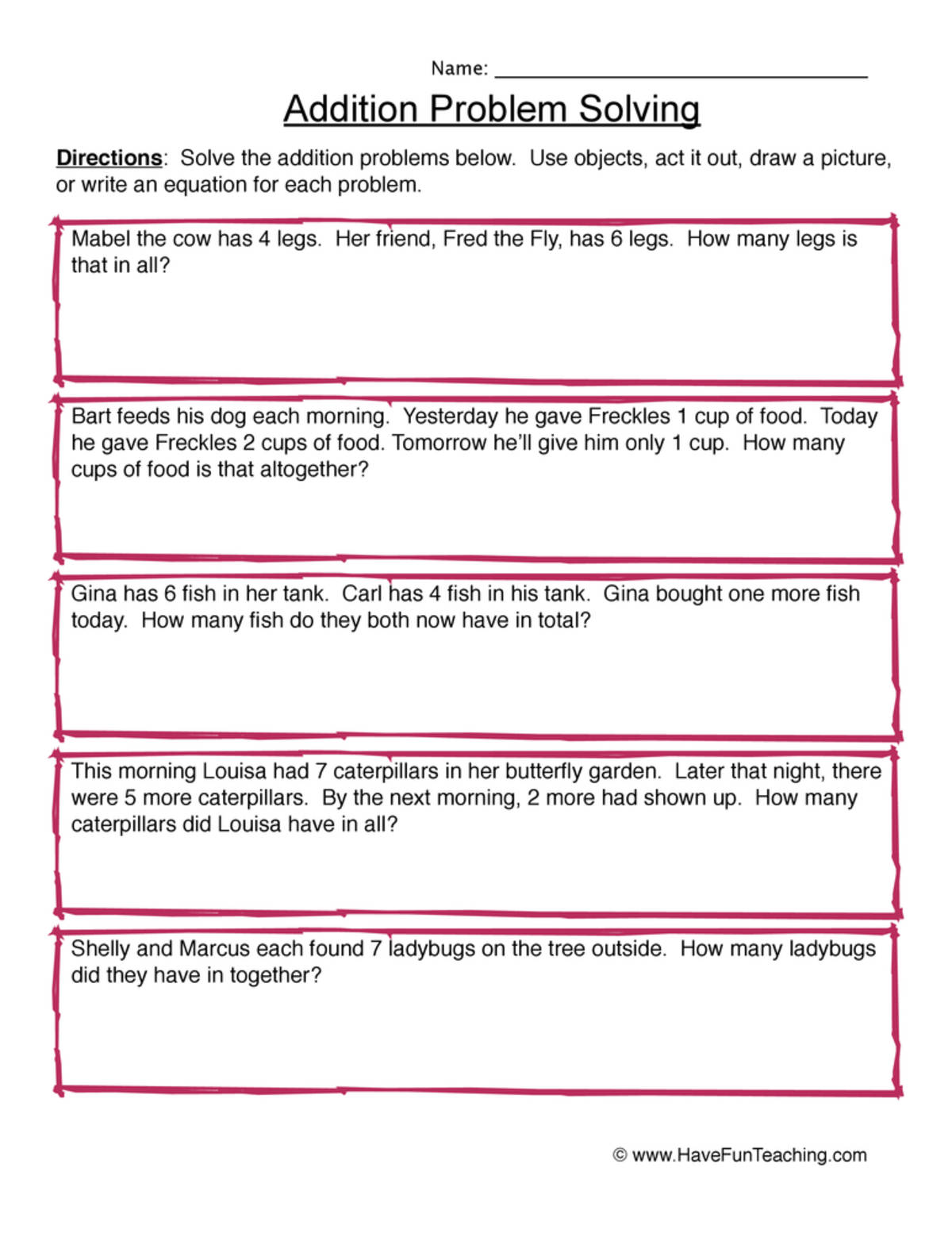 An educational teaching resource from Have Fun Teaching entitled Addends to 9 Problem Solving Worksheet downloadable at Teach Simple.