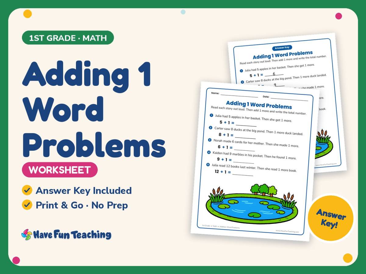 Adding 1 Word Problems Worksheet – 1st Grade Addition Practice preview