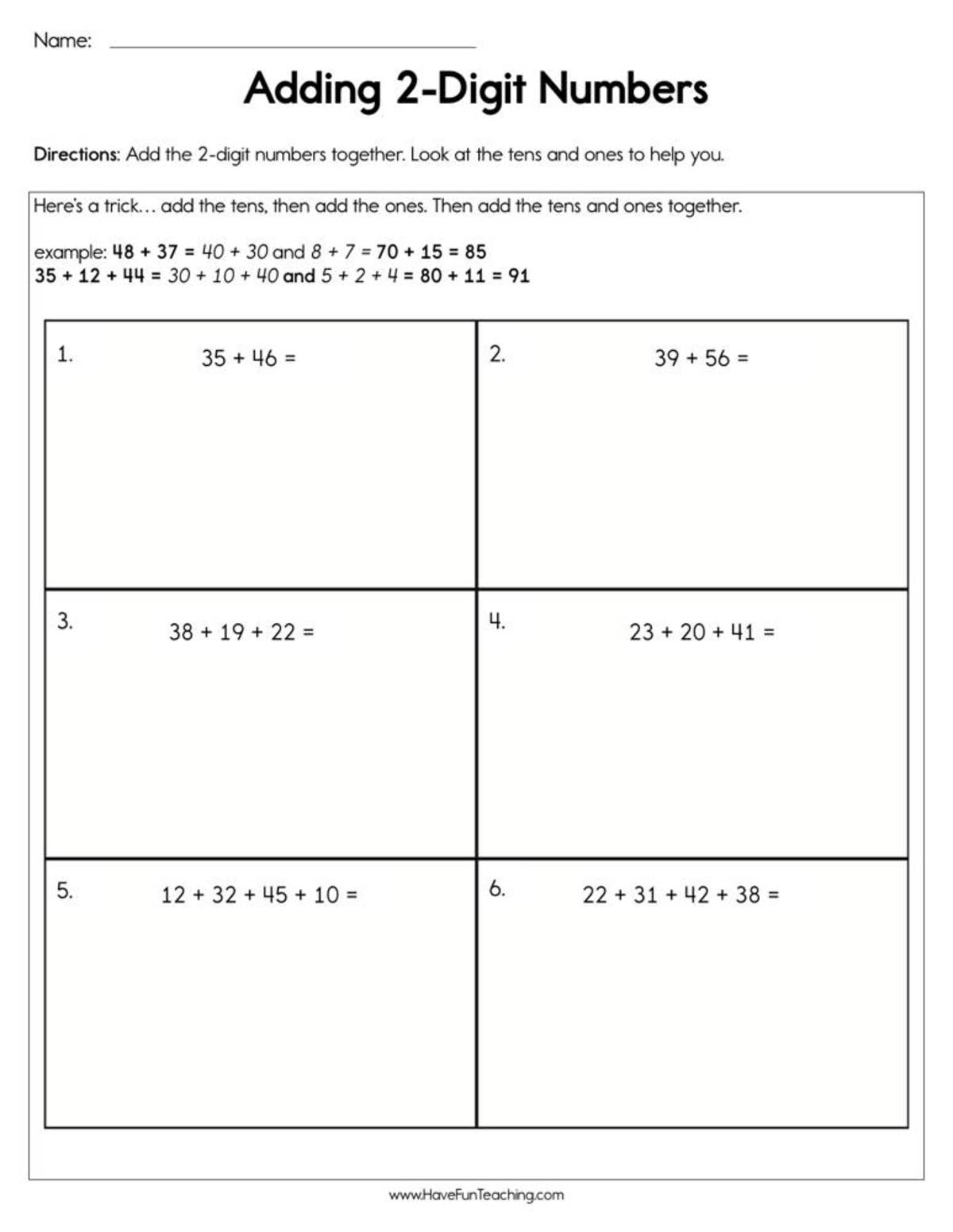An educational teaching resource from Have Fun Teaching entitled Adding 2 Digit Numbers Worksheet downloadable at Teach Simple.