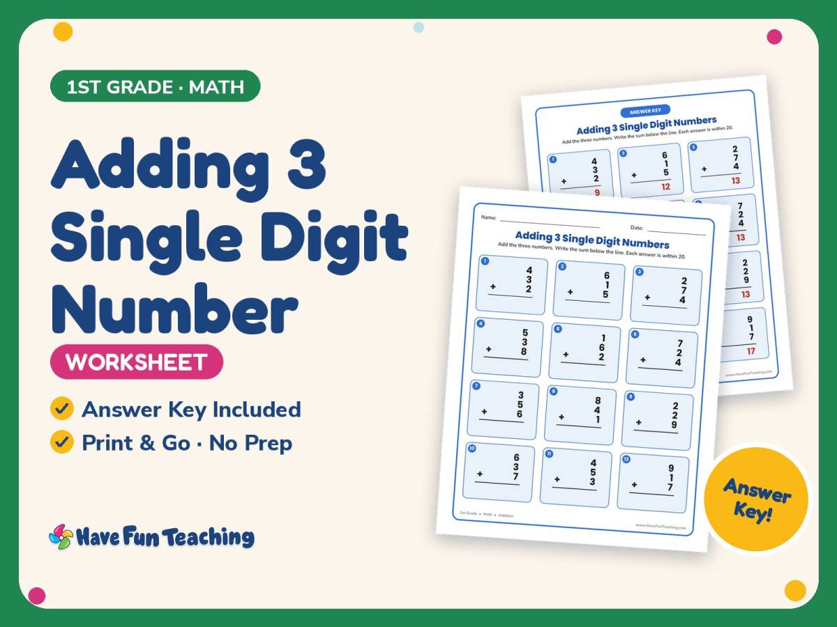 Adding 3 Single Digit Number Worksheet – 1st Grade Addition Practice preview