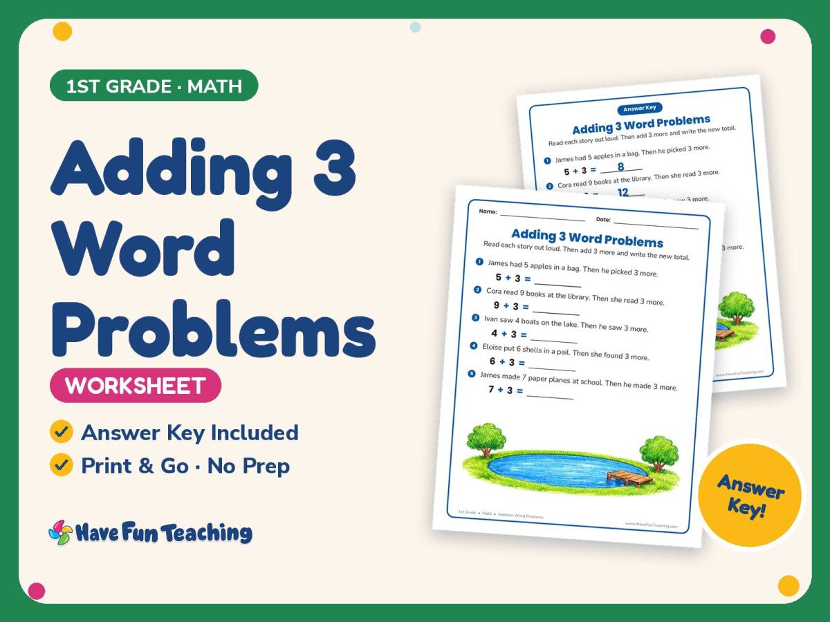 Adding 3 Word Problems Worksheet – 1st Grade Addition Practice preview