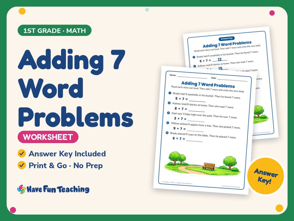 Adding 7 Word Problems Worksheet – 1st Grade Addition Practice preview