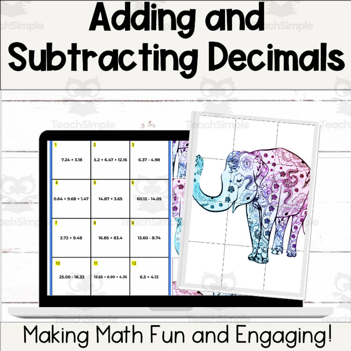 An educational teaching resource from Digitally Yours Shop entitled Adding & Subtracting Decimals Self-Checking Puzzle Picture Digital Mat downloadable at Teach Simple.
