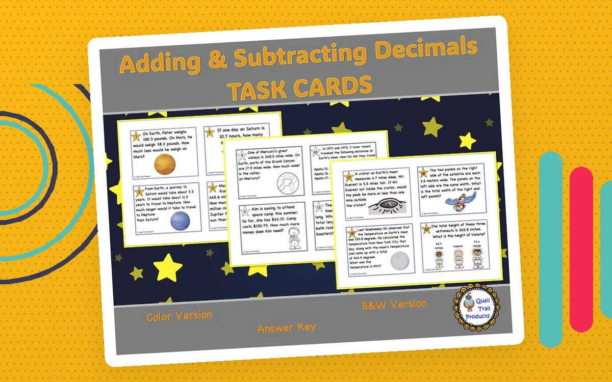 An educational teaching resource from Quail Trail Products entitled Adding and Subtracting Decimals Task Cards | Solar System Theme downloadable at Teach Simple.