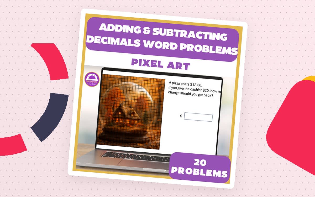 An educational teaching resource from Matemaths entitled Adding and Subtracting Decimals Word Problems Digital Pixel Art downloadable at Teach Simple.