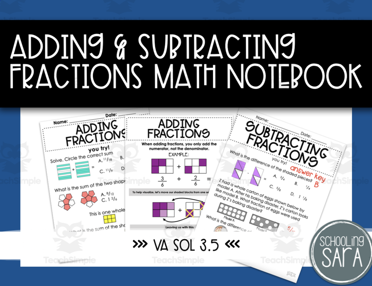 An educational teaching resource from SchoolingSara entitled Adding and Subtracting Fractions Math Interactive Notebook downloadable at Teach Simple.