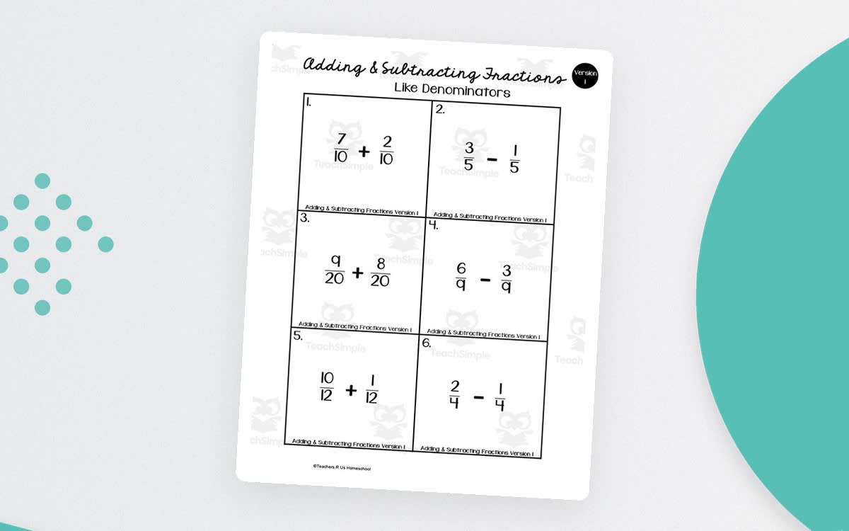 An educational teaching resource from Teachers R Us Homeschool entitled Adding & Subtracting Fractions Maths Worksheets downloadable at Teach Simple.