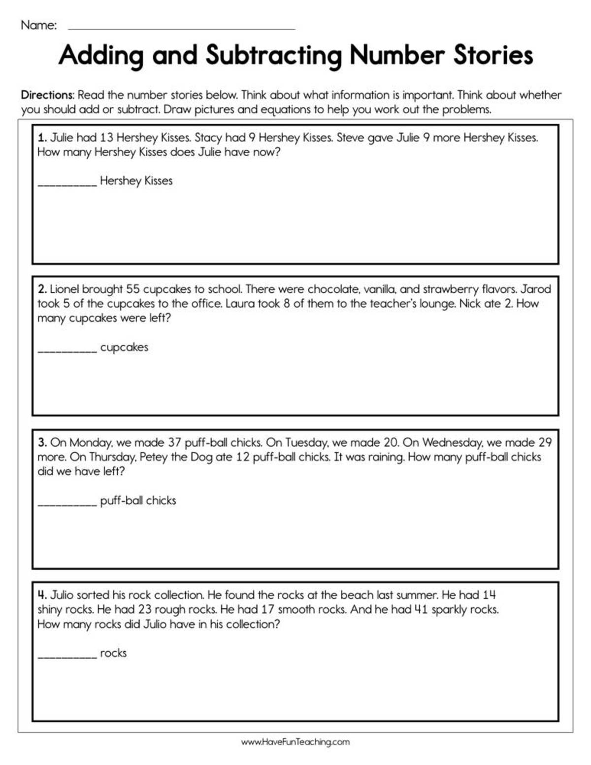 An educational teaching resource from Have Fun Teaching entitled Adding and Subtracting Number Stories Worksheet downloadable at Teach Simple.
