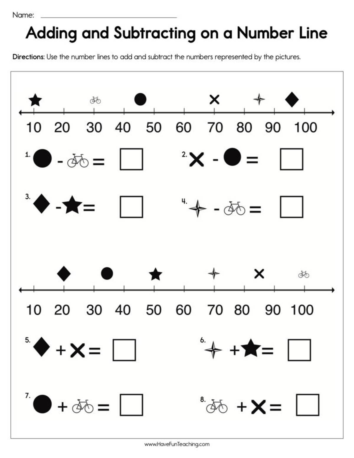 An educational teaching resource from Have Fun Teaching entitled Adding and Subtracting on a Number Line Worksheet downloadable at Teach Simple.