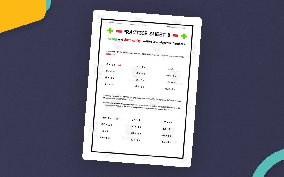 An educational teaching resource from Elementary Resources 4 U entitled Adding & Subtracting Positive and Negative Numbers downloadable at Teach Simple.
