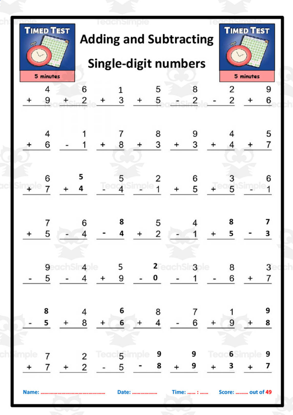 An educational teaching resource from Elementary Resources 4 U entitled Adding and Subtracting Single Digits downloadable at Teach Simple.