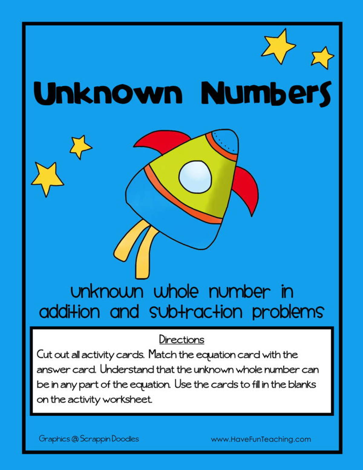 An educational teaching resource from Have Fun Teaching entitled Adding and Subtracting Unknown Numbers Activity downloadable at Teach Simple.