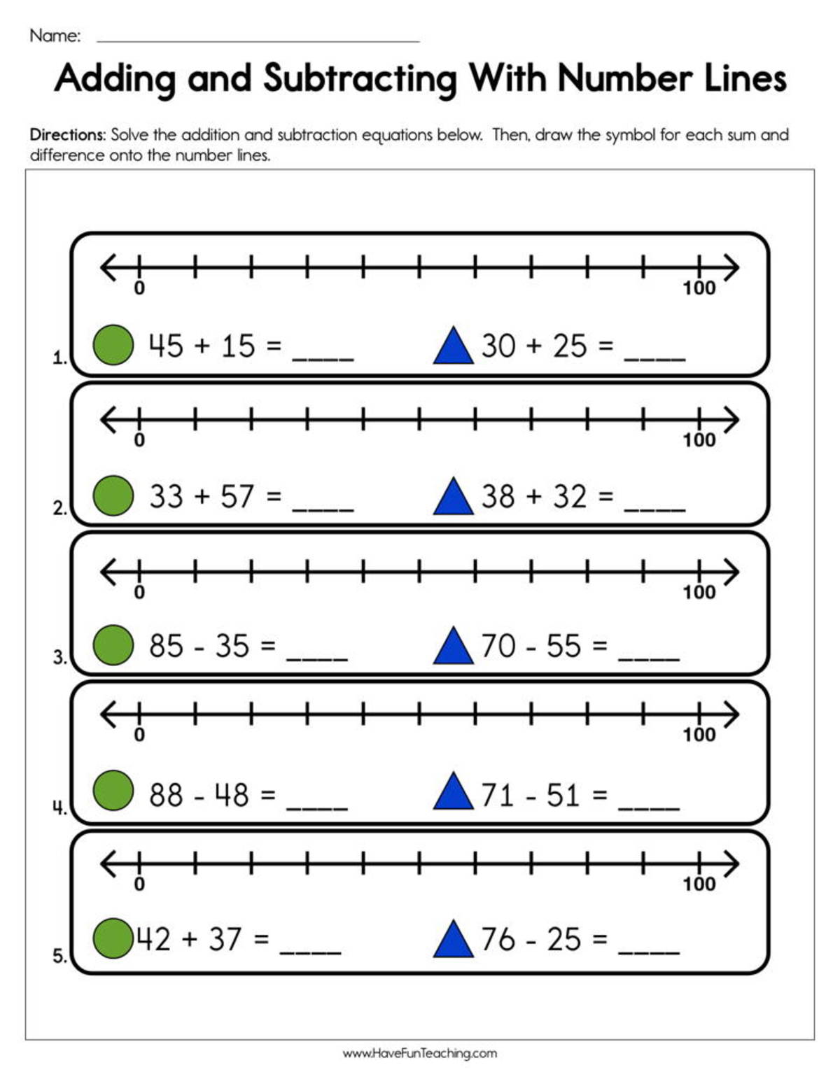 An educational teaching resource from Have Fun Teaching entitled Adding and Subtracting with Number Line Worksheet downloadable at Teach Simple.