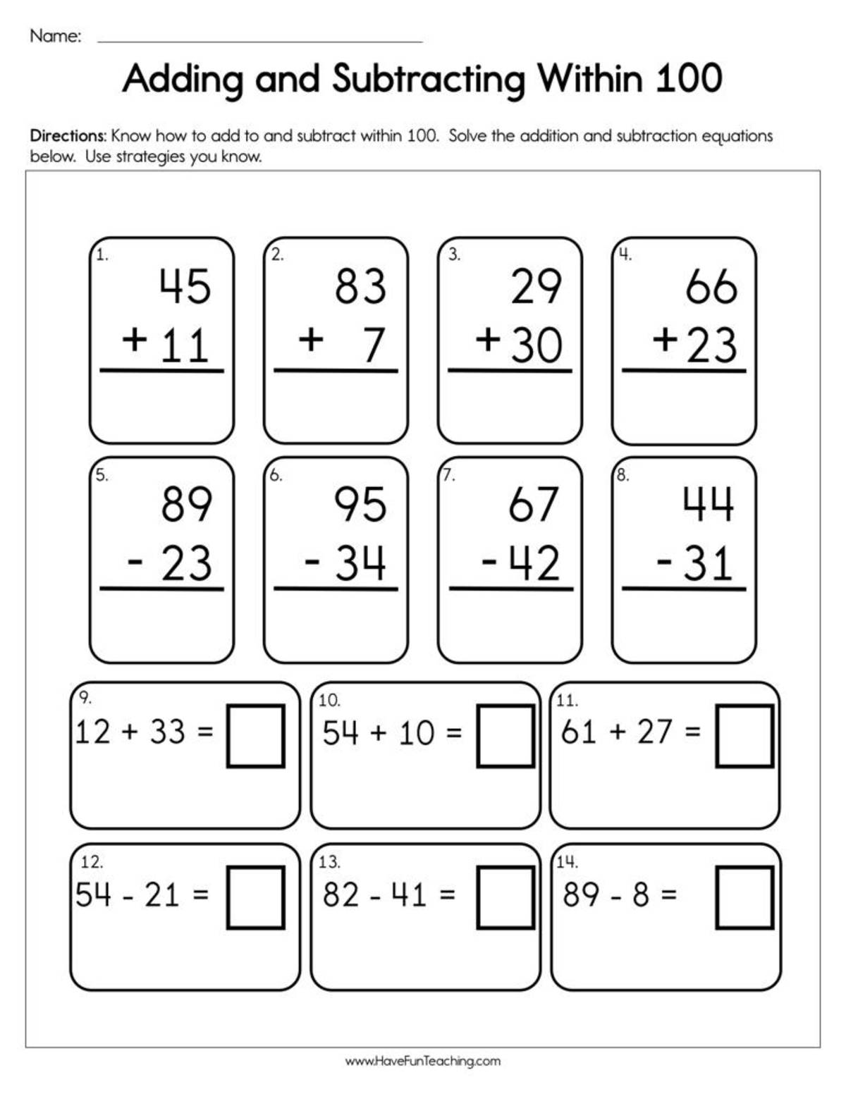 An educational teaching resource from Have Fun Teaching entitled Adding & Subtracting Within 100 – Practice Worksheet downloadable at Teach Simple.