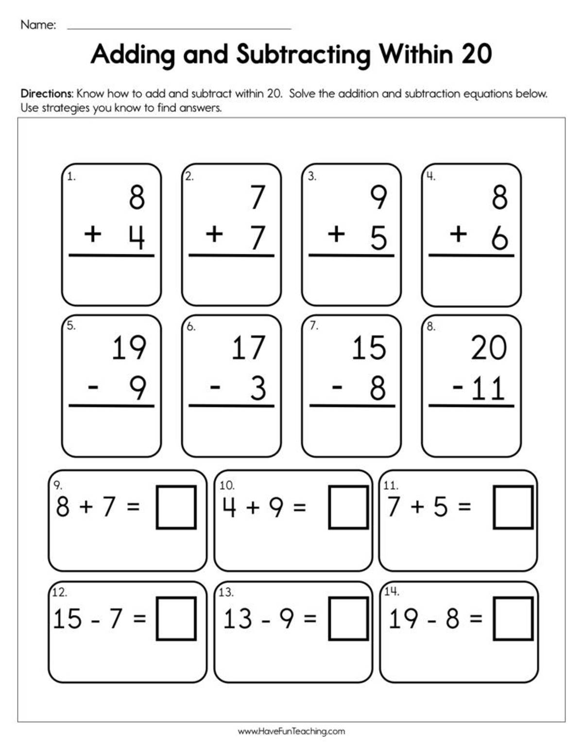 An educational teaching resource from Have Fun Teaching entitled Adding and Subtracting Within 20 Worksheet downloadable at Teach Simple.