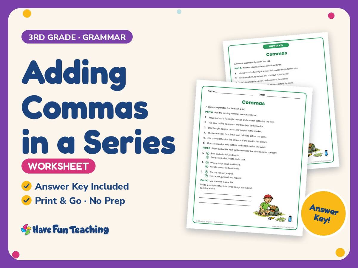 Adding Commas in a Series Worksheet – 3rd Grade Punctuation Practice preview