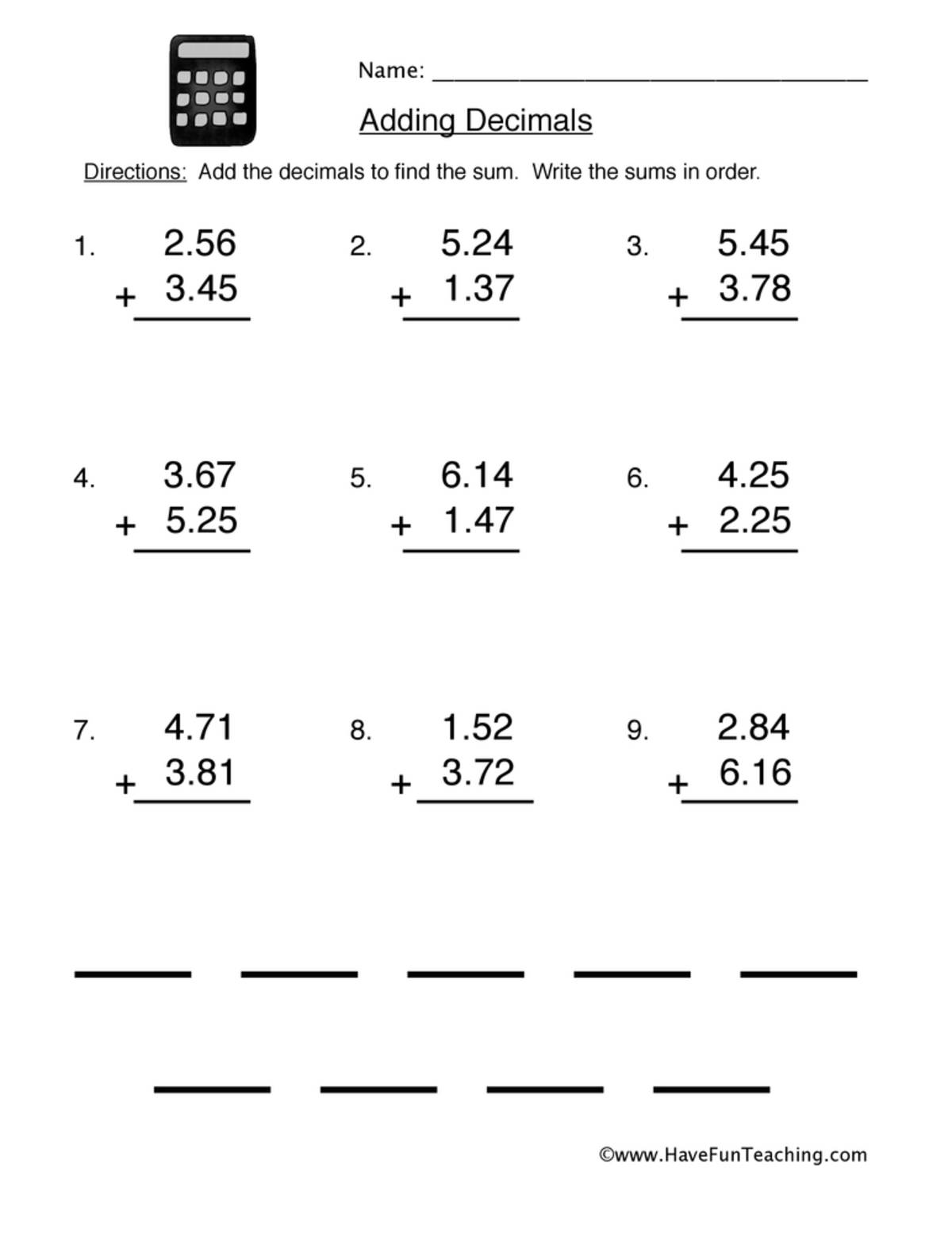 An educational teaching resource from Have Fun Teaching entitled Adding Decimals Equations Worksheet downloadable at Teach Simple.