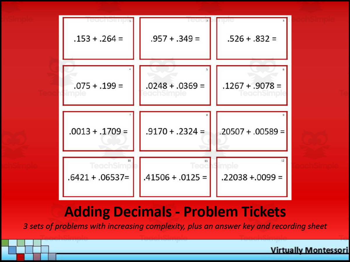 An educational teaching resource from Virtually Montessori entitled Adding Decimals - Problem Tickets downloadable at Teach Simple.