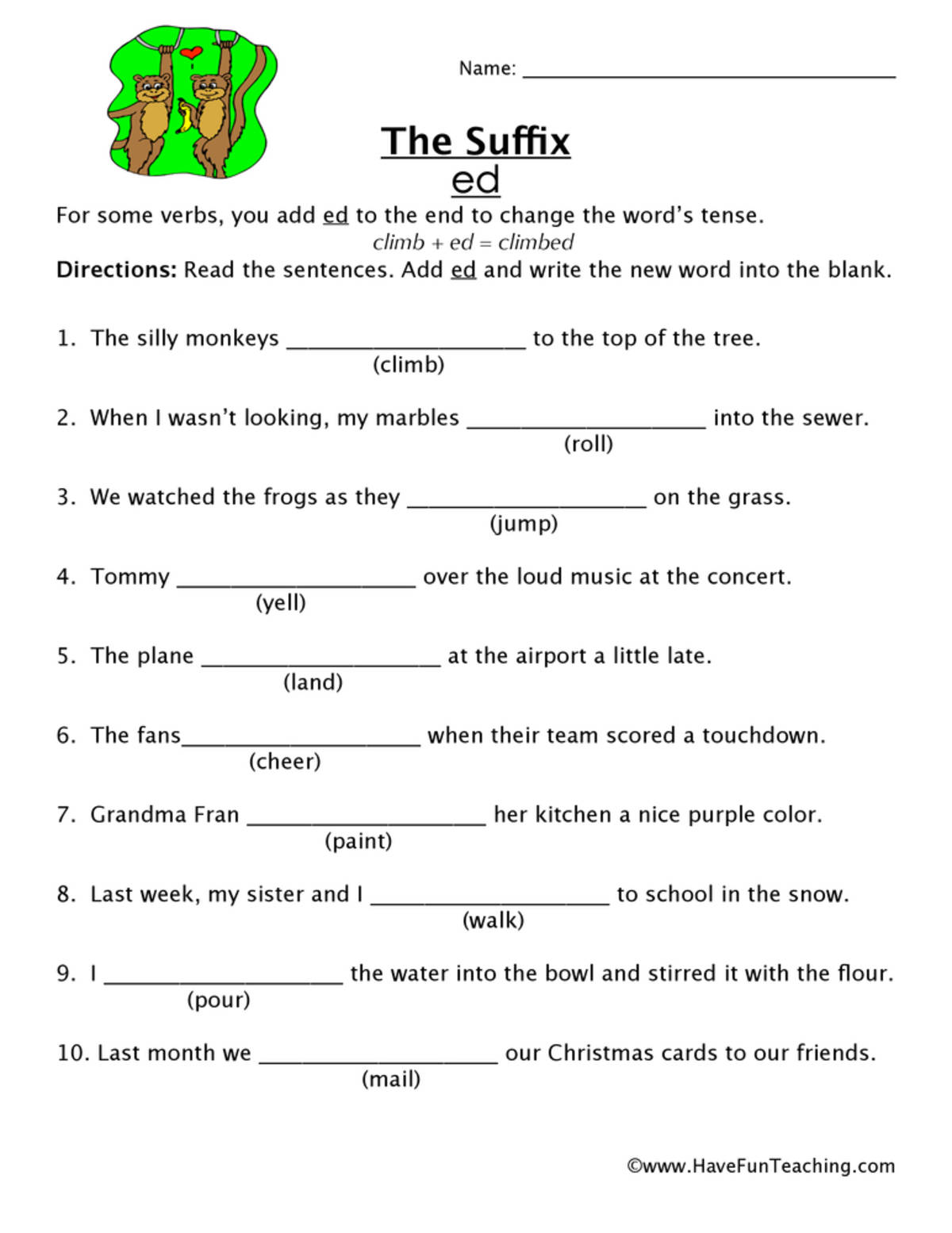 An educational teaching resource from Have Fun Teaching entitled Adding ED Suffix Worksheet downloadable at Teach Simple.