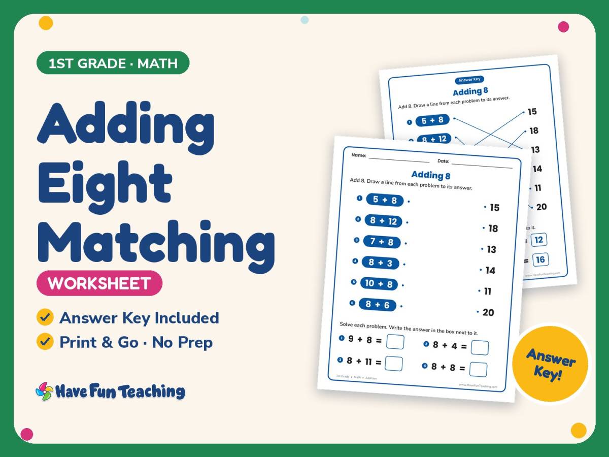 Adding Eight Matching Worksheet – 1st Grade Addition Practice preview