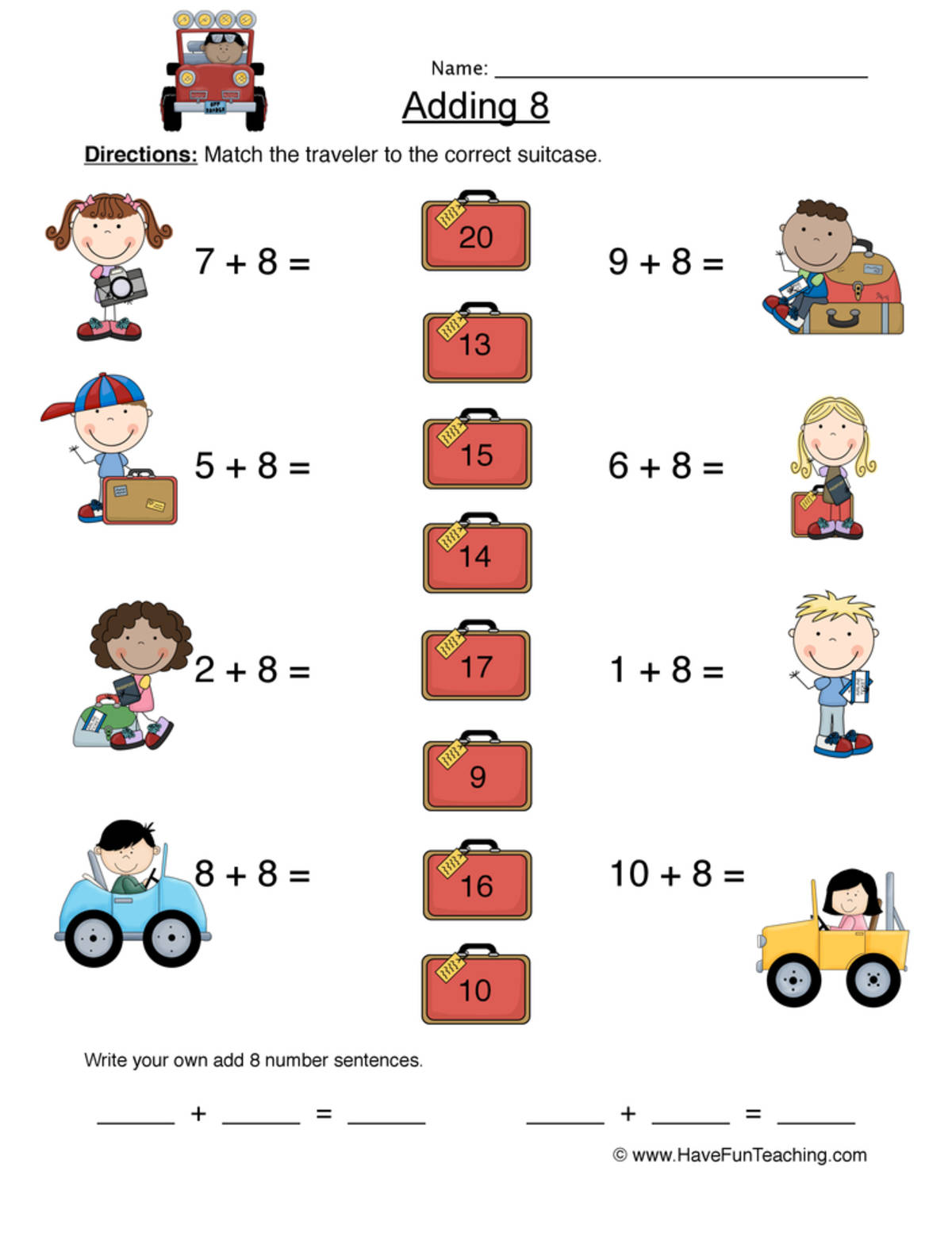 An educational teaching resource from Have Fun Teaching entitled Adding Eight Matching Worksheet downloadable at Teach Simple.