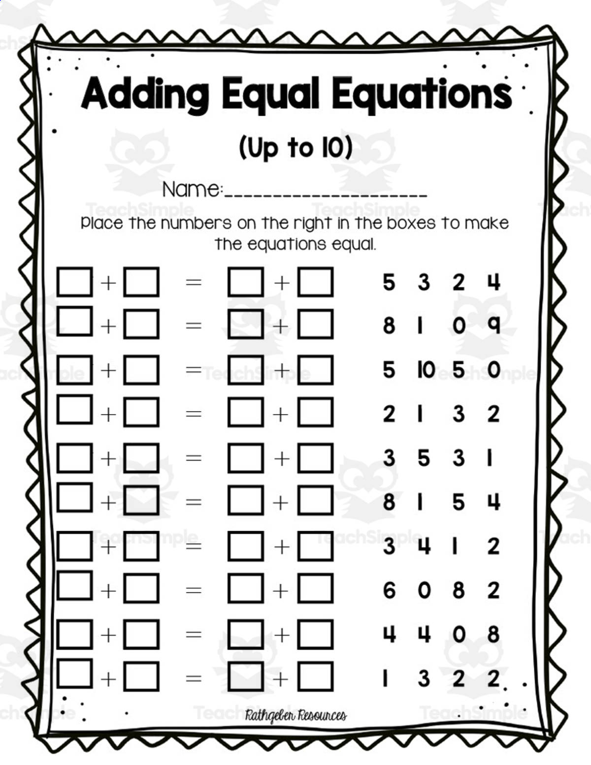 An educational teaching resource from Rathgeber Resources entitled Adding Equal Equations Worksheet downloadable at Teach Simple.