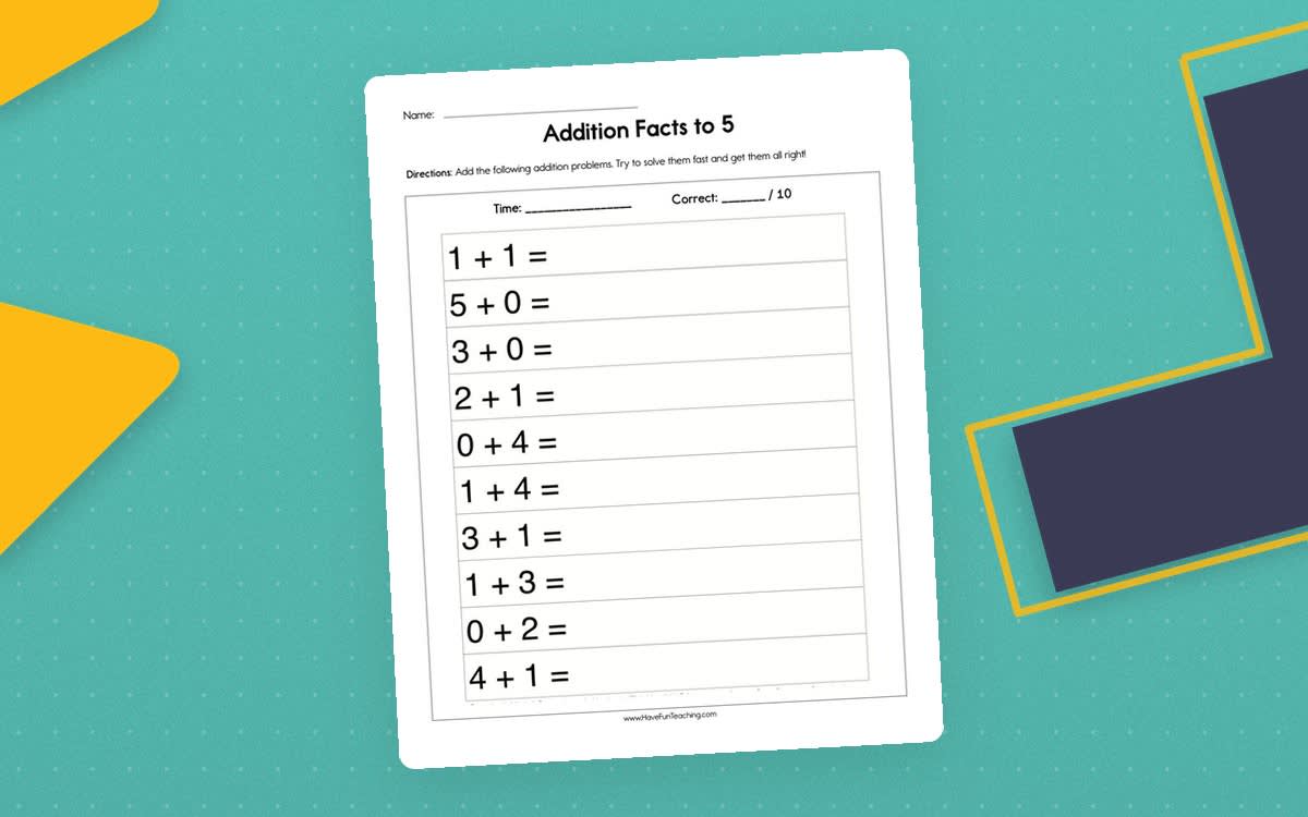An educational teaching resource from Have Fun Teaching entitled Adding Facts to 5 Worksheet downloadable at Teach Simple.