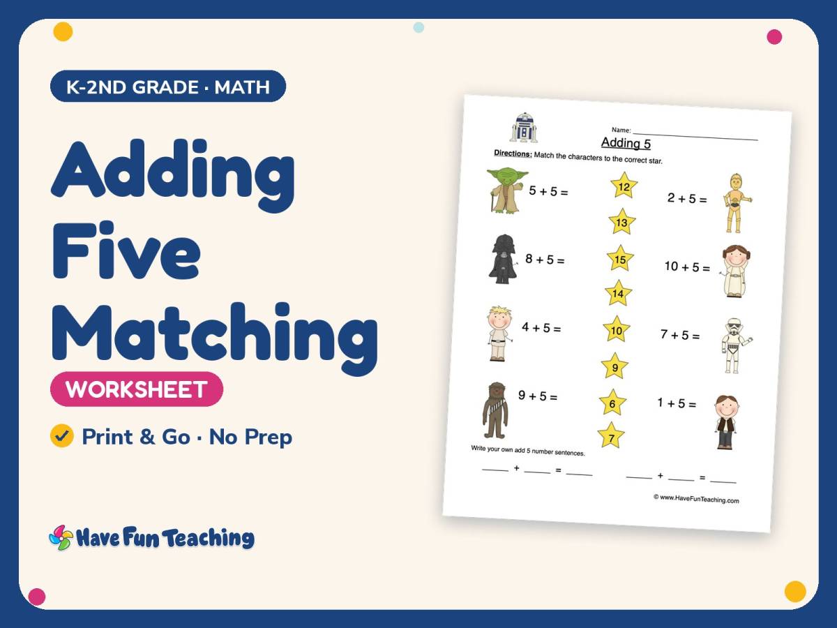 Adding Five Matching Worksheet – K-2nd Grade Addition Practice preview