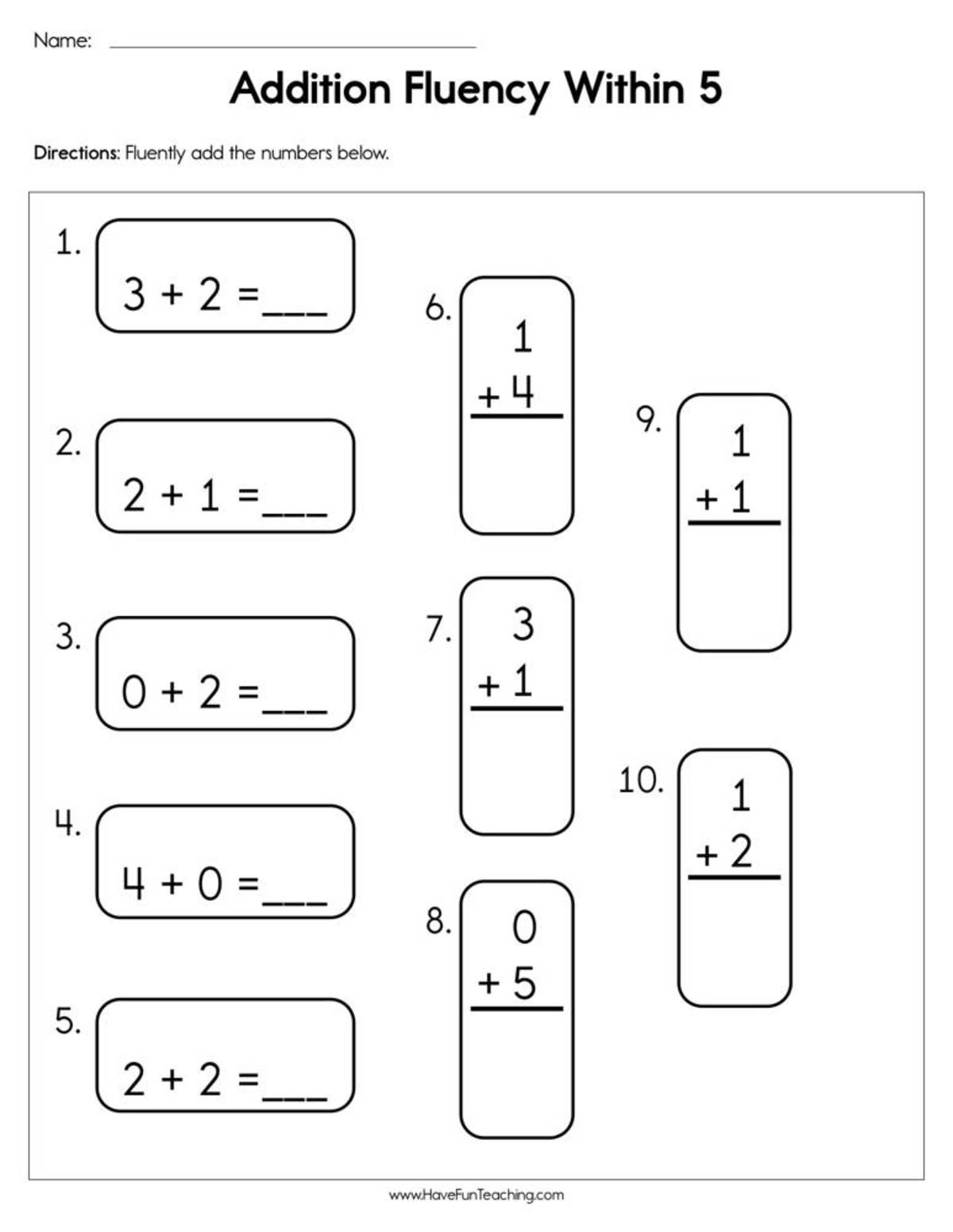 An educational teaching resource from Have Fun Teaching entitled Adding Fluency Within 5 Worksheet downloadable at Teach Simple.