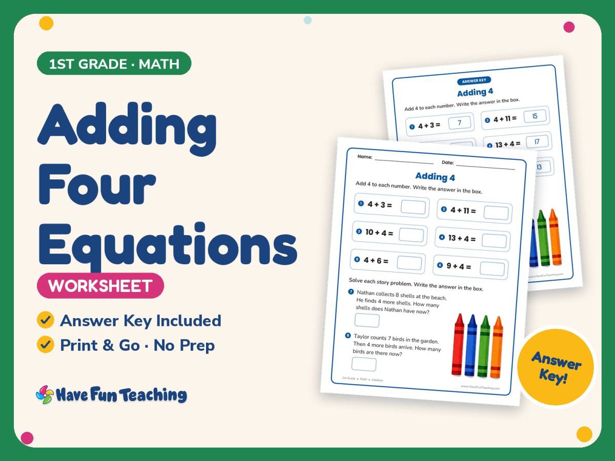 Adding Four Equations Worksheet – 1st Grade Addition Practice preview