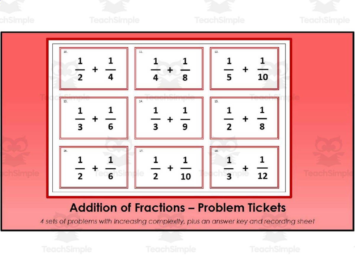 An educational teaching resource from Virtually Montessori entitled Adding Fractions - Problem Tickets downloadable at Teach Simple.