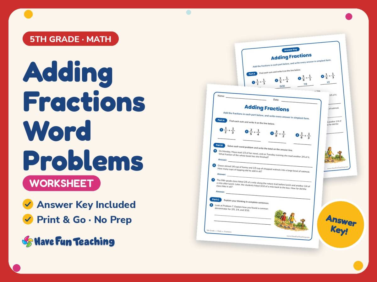 Adding Fractions Word Problems Worksheet – 5th Grade Addition Practice preview