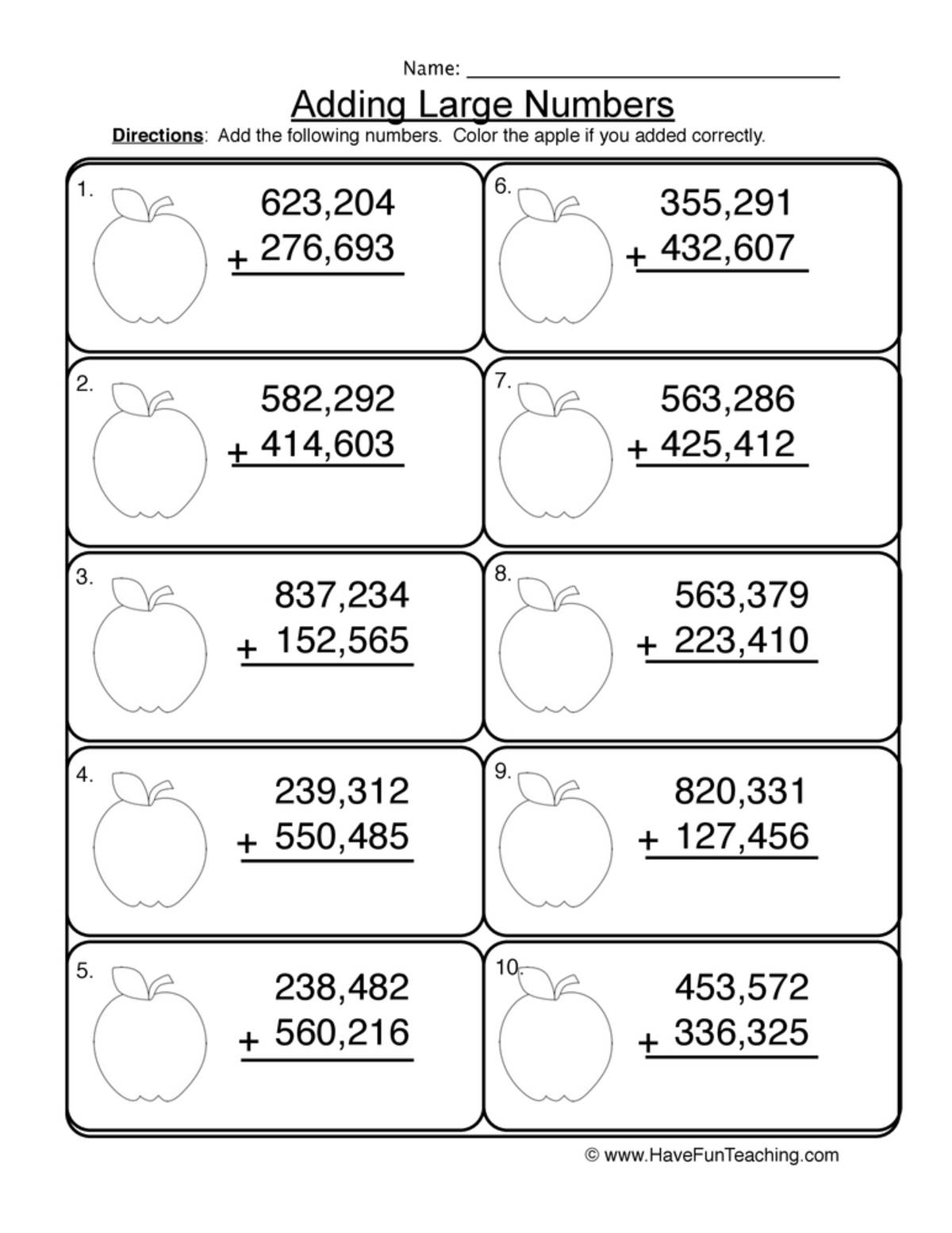 An educational teaching resource from Have Fun Teaching entitled Adding Hundred Thousands No Regrouping Worksheet downloadable at Teach Simple.