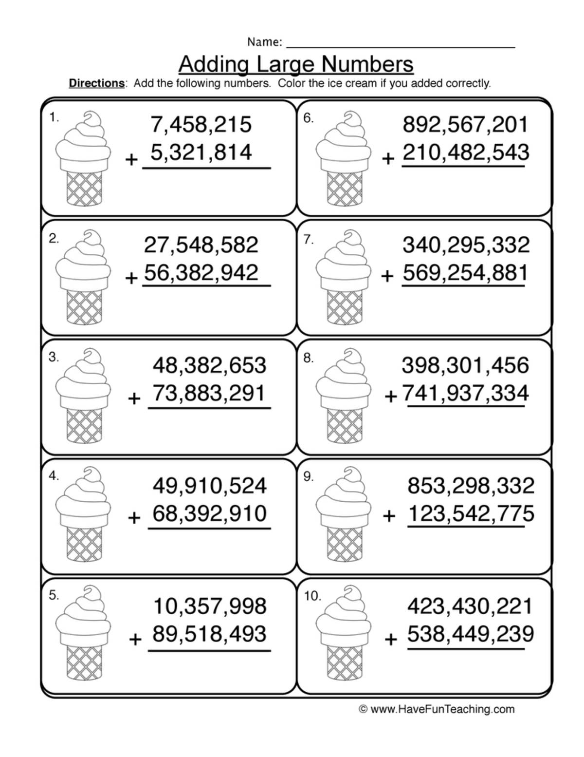 An educational teaching resource from Have Fun Teaching entitled Adding Millions Regrouping Worksheet downloadable at Teach Simple.