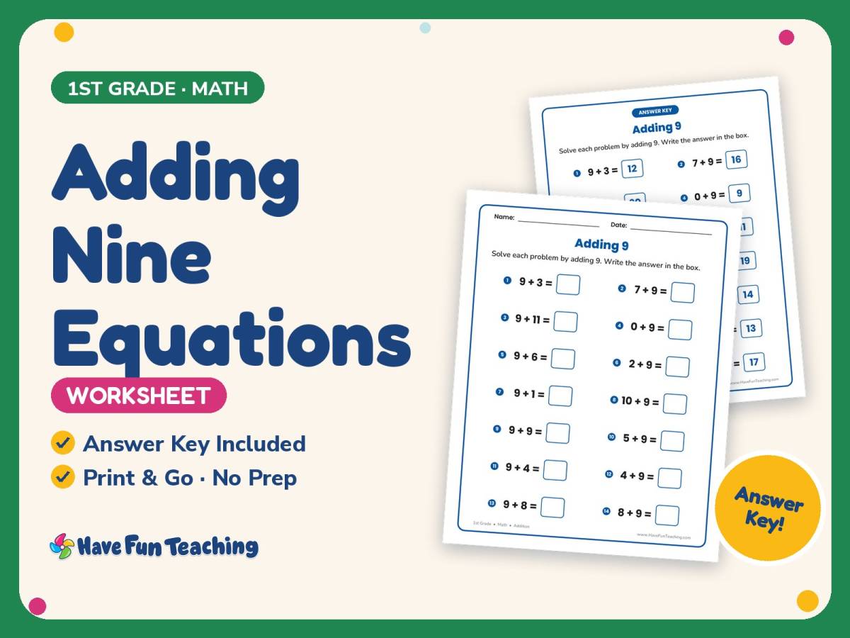 Adding Nine Equations Worksheet – 1st Grade Addition Practice preview