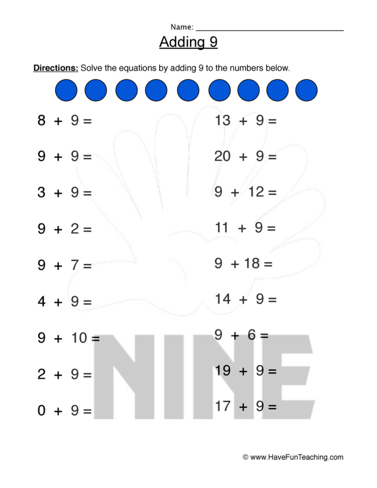 An educational teaching resource from Have Fun Teaching entitled Adding Nine Equations Worksheet downloadable at Teach Simple.