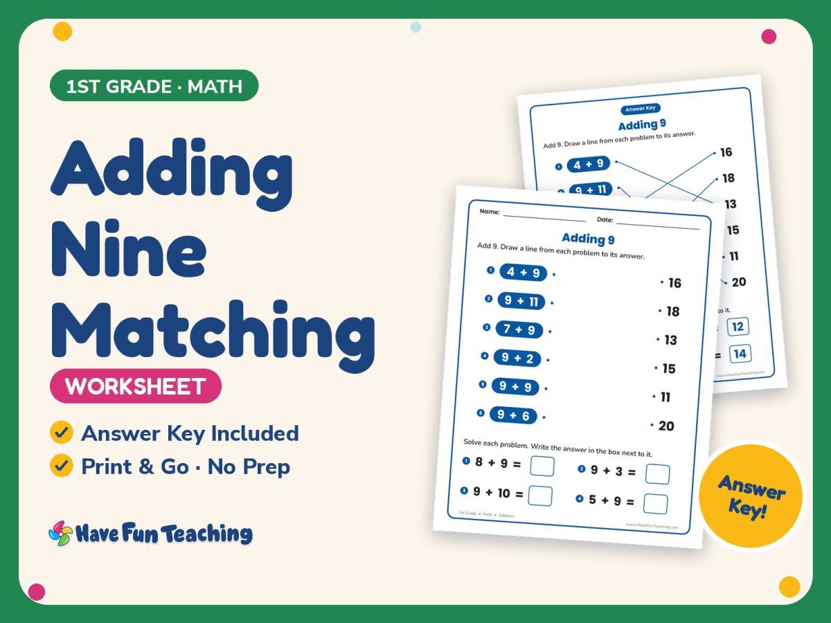 Adding Nine Matching Worksheet – 1st Grade Addition Practice preview