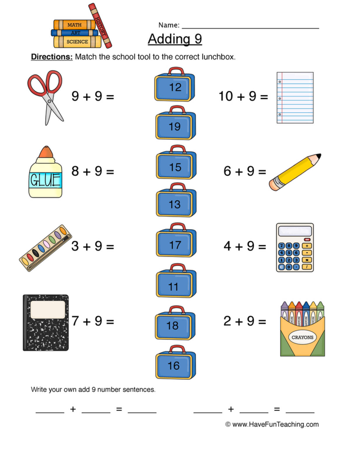 An educational teaching resource from Have Fun Teaching entitled Adding Nine Matching Worksheet downloadable at Teach Simple.