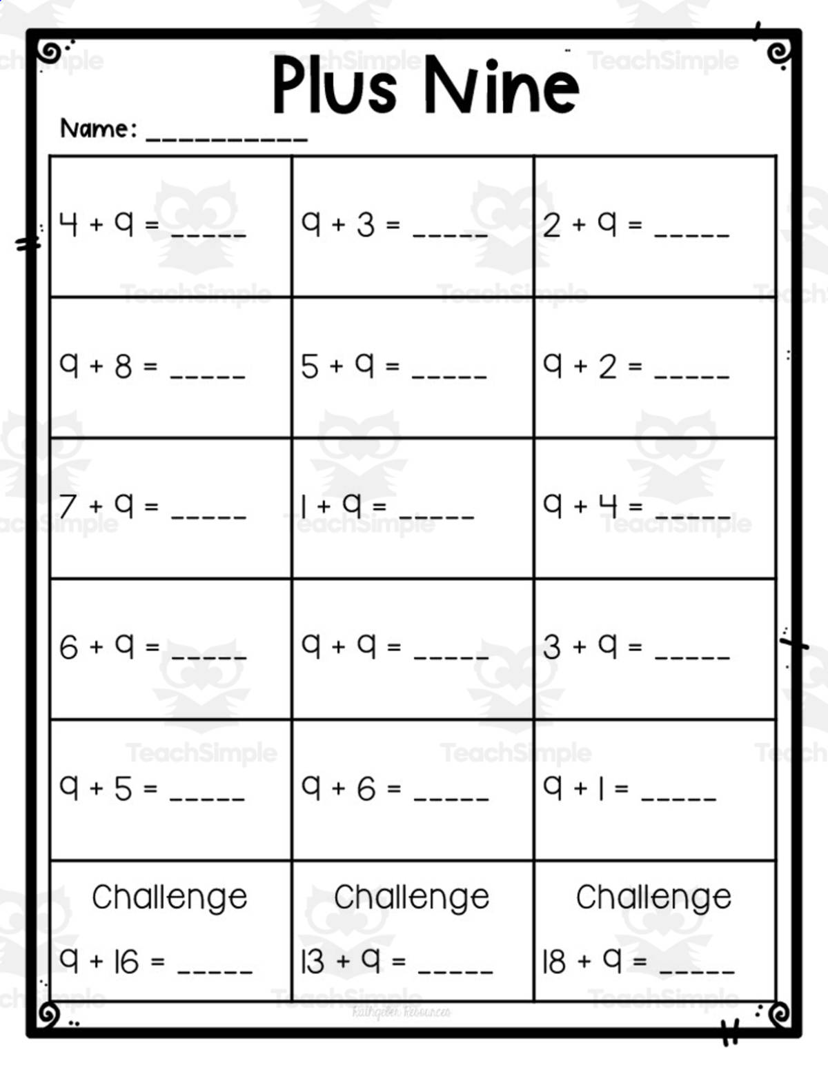 An educational teaching resource from Rathgeber Resources entitled Adding Nine Worksheet downloadable at Teach Simple.