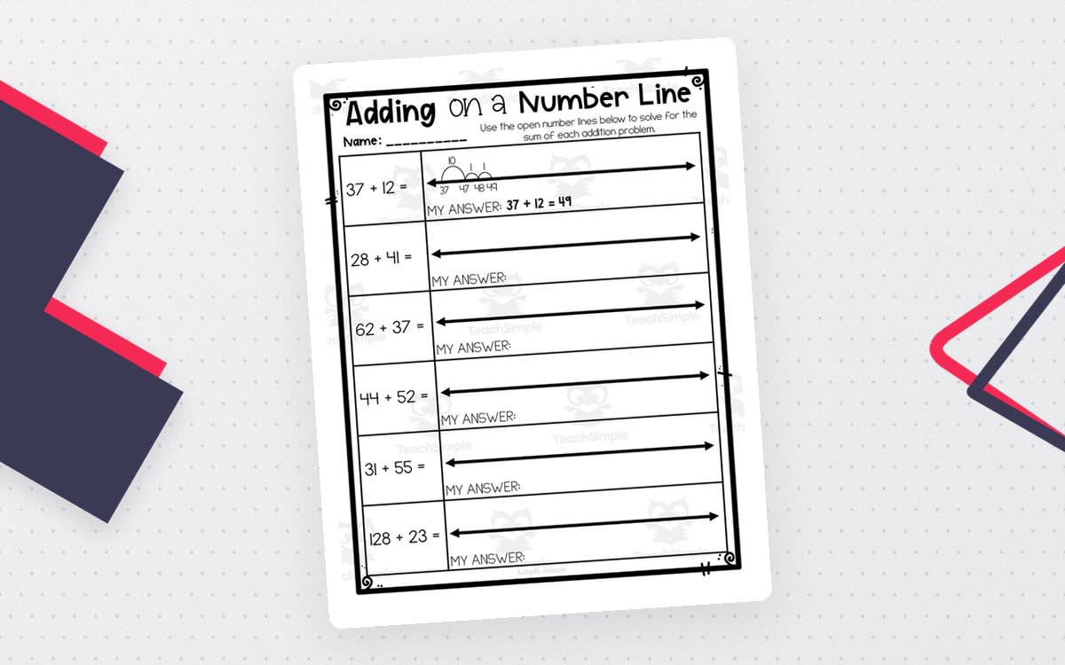 An educational teaching resource from Rathgeber Resources entitled Adding on a Number Line Worksheet – 3 Levels downloadable at Teach Simple.