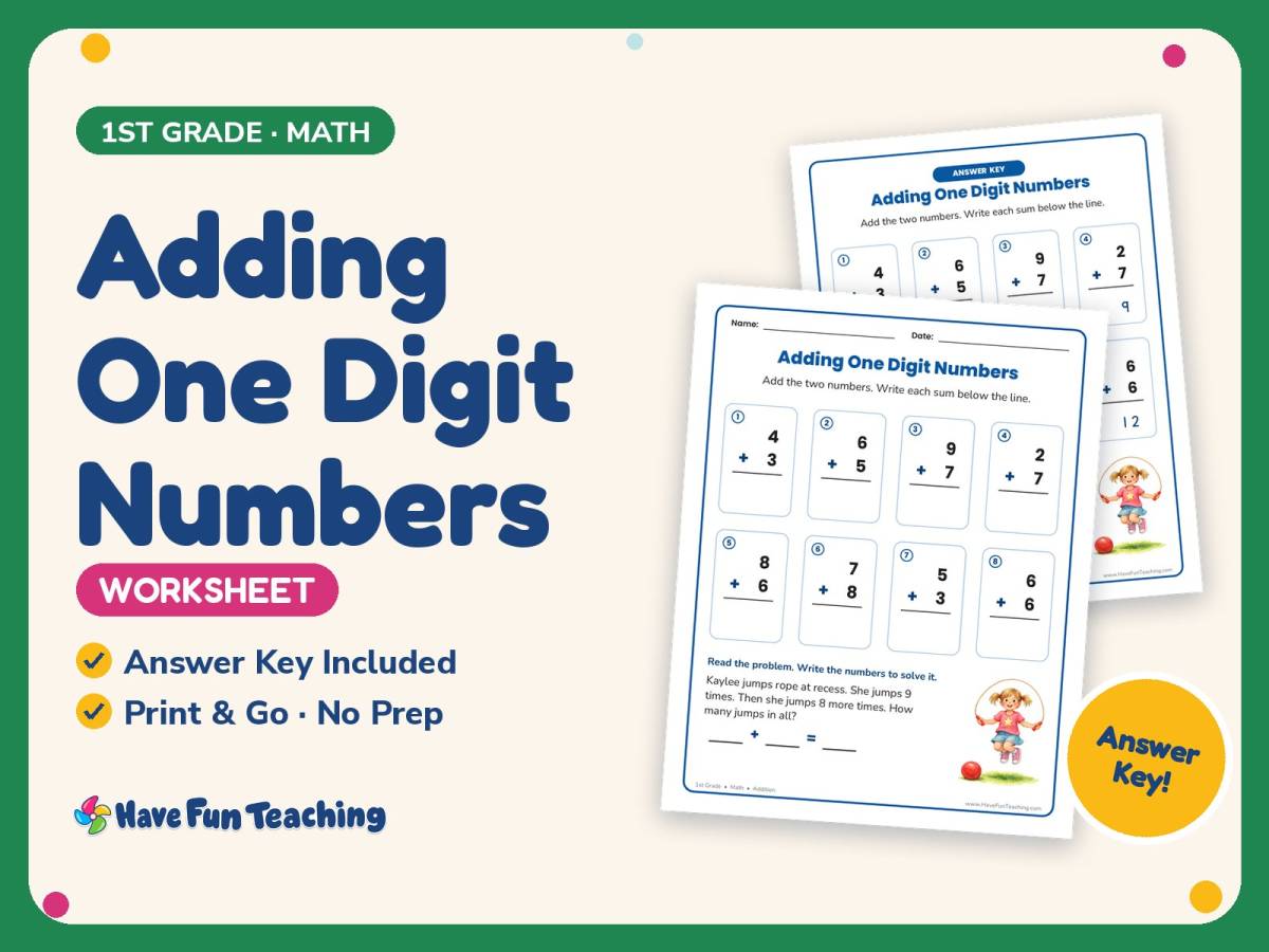 Adding One Digit Numbers Worksheet – 1st Grade Addition Practice preview