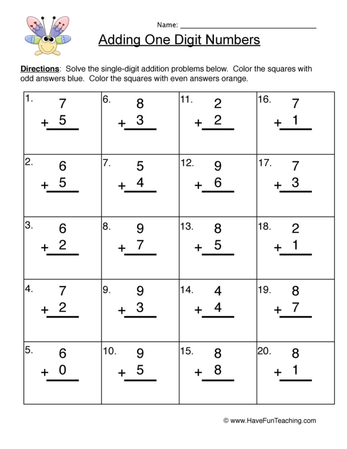 An educational teaching resource from Have Fun Teaching entitled Adding One Digit Numbers Worksheet downloadable at Teach Simple.
