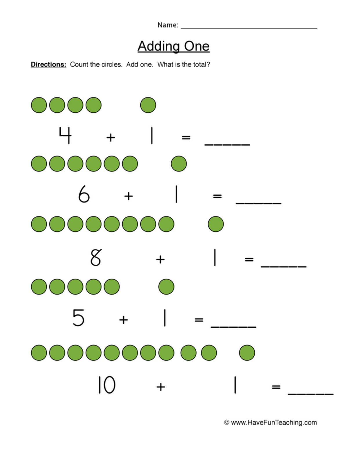 An educational teaching resource from Have Fun Teaching entitled Adding One Using Pictures Worksheet downloadable at Teach Simple.