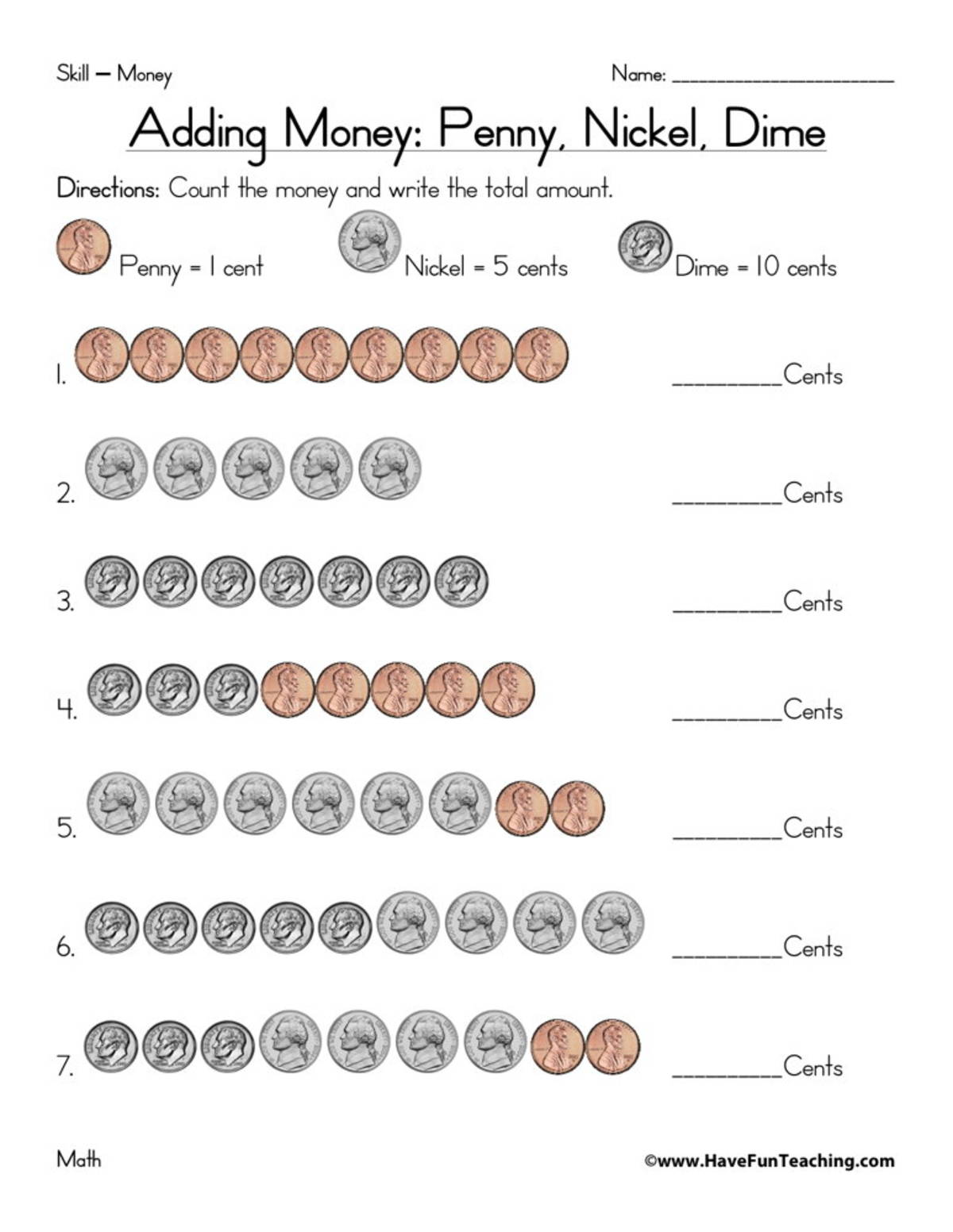 An educational teaching resource from Have Fun Teaching entitled Penny, Nickel, Dime – Adding Coins Worksheet downloadable at Teach Simple.