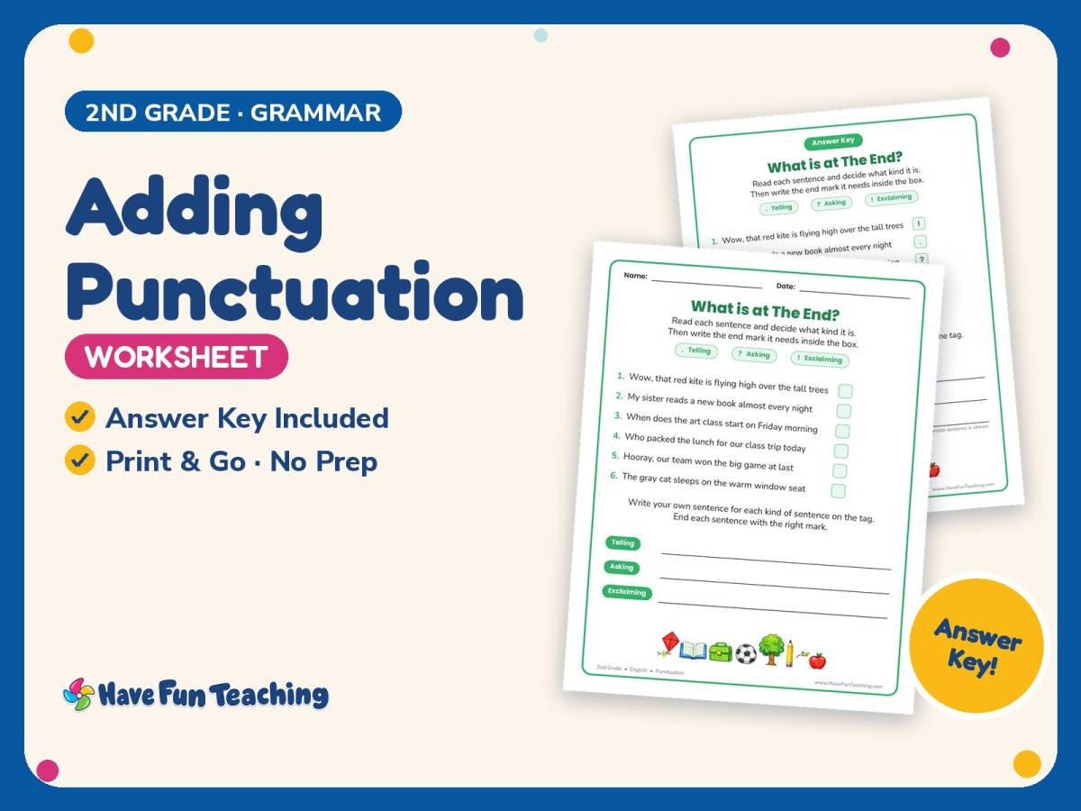 Adding Punctuation Worksheet – 2nd Grade Grammar Practice + Answer Key preview