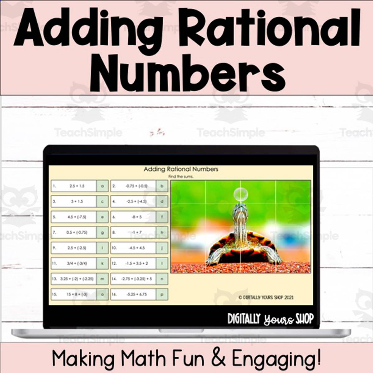 An educational teaching resource from Digitally Yours Shop entitled Adding Rational Numbers - Positive & Negative Decimals & Fractions - Activity downloadable at Teach Simple.
