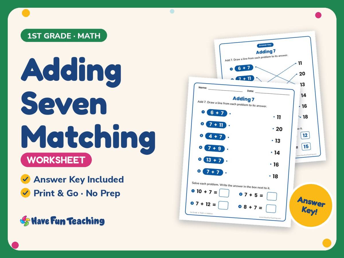 Adding Seven Matching Worksheet – 1st Grade Addition Practice preview