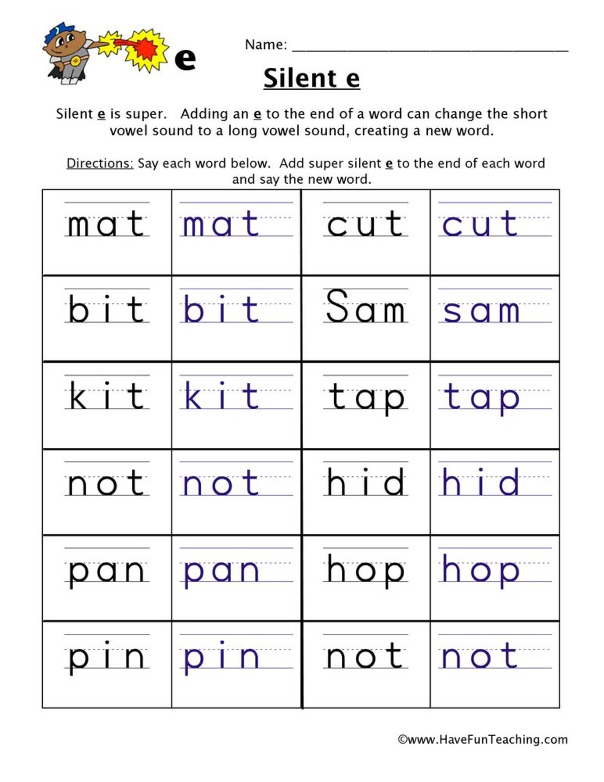 An educational teaching resource from Have Fun Teaching entitled Adding Silent E Worksheet downloadable at Teach Simple.